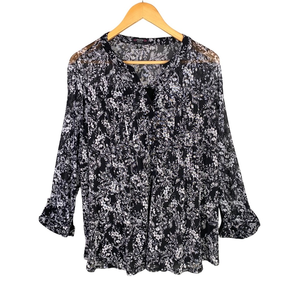 Cocomo Woman Black White Floral‎ Print Sheer Mesh Blouse Top 3X Boho